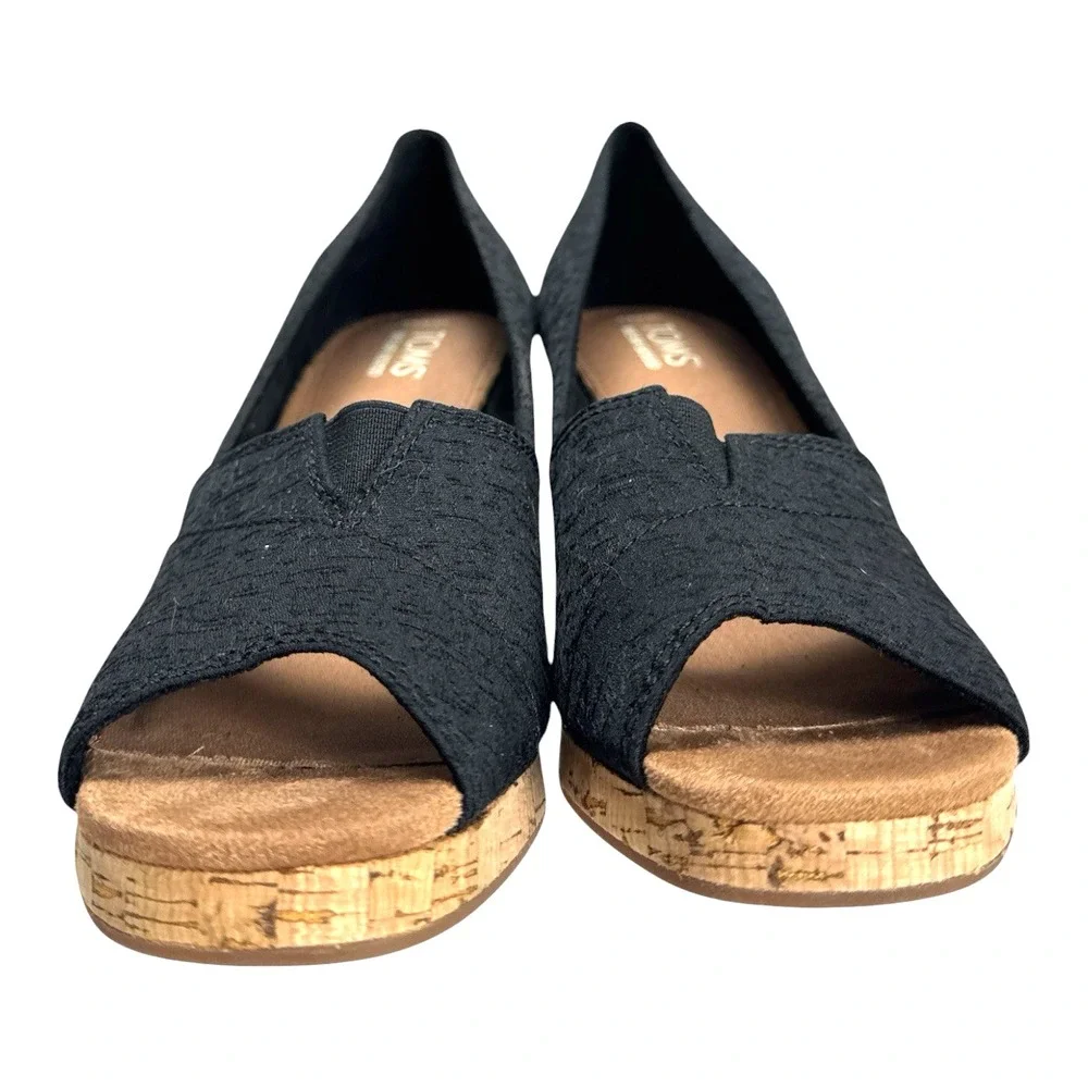 TOMS Black Cork Wedge Sandals Peep Toe Platform Slip On Heels Size 9.5M